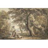 Paul Sandby R.A. (Nottingham 1730-1809 London) Wooded landscape with a riverside castle and a gro...