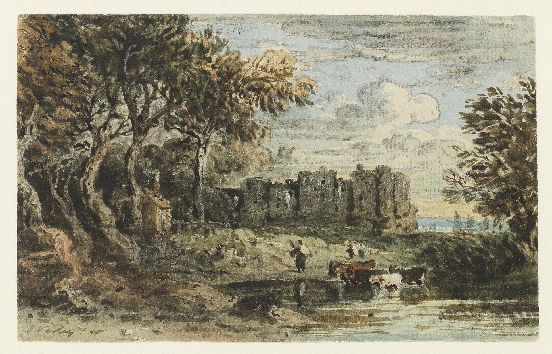 John Varley OWS (London 1778-1842) View of a castle with figures and cattle by a pool (and anothe...