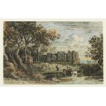 John Varley OWS (London 1778-1842) View of a castle with figures and cattle by a pool (and anothe...