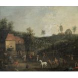 German School, 18th Century Harvesters before a farm cottage
