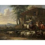 Jan van der Meer the Younger (Haarlem 1656-1705) Drovers with their flock before a house
