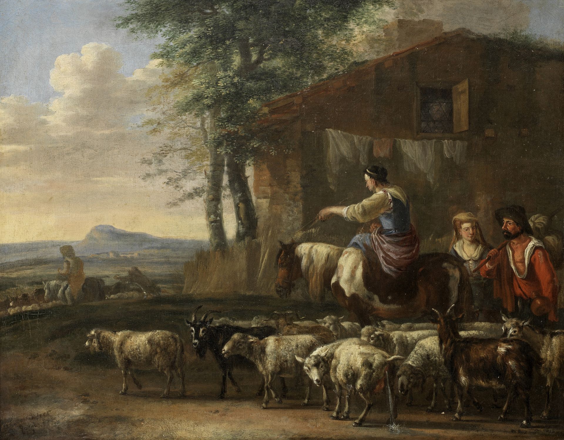 Jan van der Meer the Younger (Haarlem 1656-1705) Drovers with their flock before a house