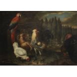 Follower of David de Coninck (Antwerp 1636-1699 Brussels) A Macaw, turkey, cockerel and hens in p...