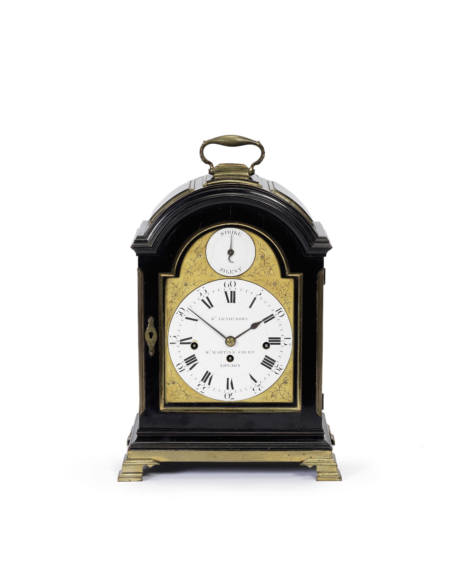 A rare late 18th century ebonised triple pad top, quarter chiming table clock of small size Rober...