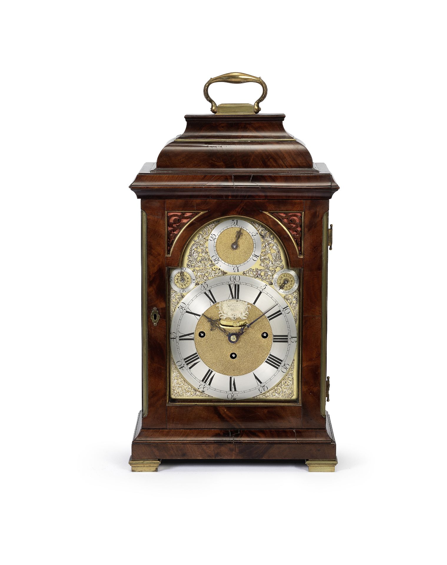 A fine and rare mid 18th century silver-mounted mahogany quarter chiming table clock Delander, Lo...