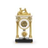 A very fine and rare early 19th century French ormolu mounted white marble, quarter chiming, cent...