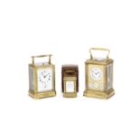 A good late 19th century French miniature brass gorge cased carriage timepiece with original trav...