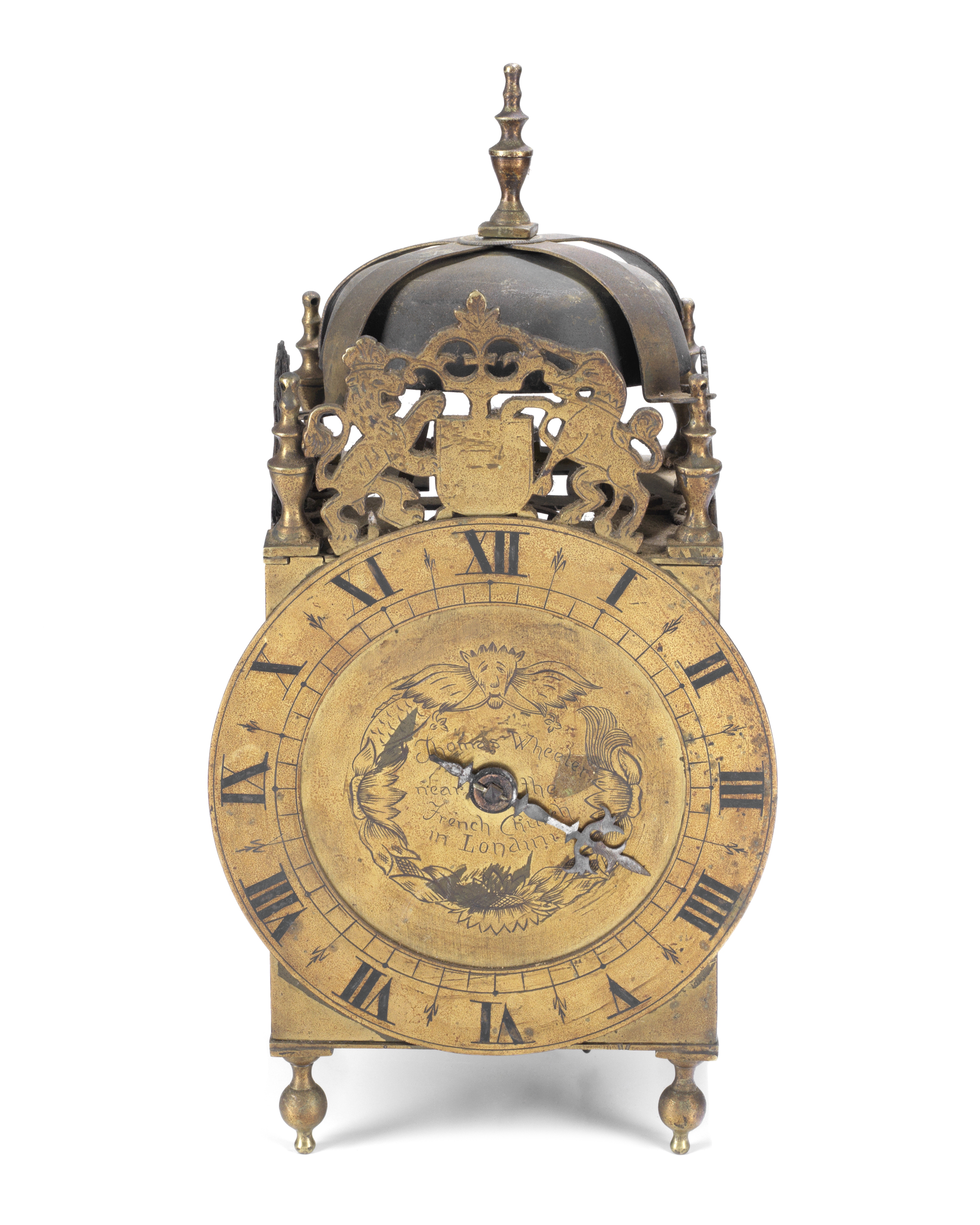 A late 19th century / early 20th century brass lantern clock in the 17th century style, the dial ...