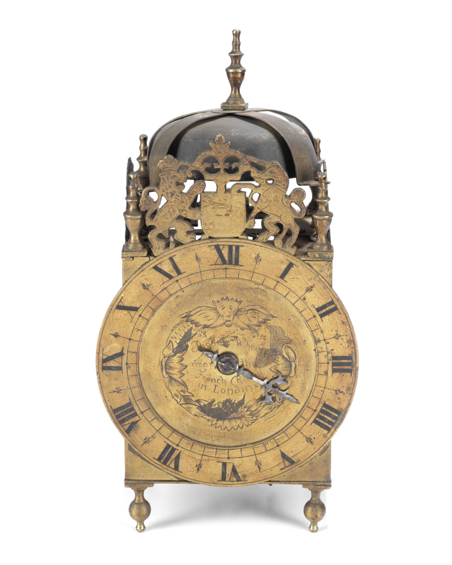 A late 19th century / early 20th century brass lantern clock in the 17th century style, the dial ...