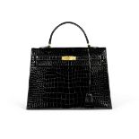 Shiny Black Crocodile Kelly Sellier 35, Hermès, 1960s, (Includes padlock, keys, cloche, dust bag,...