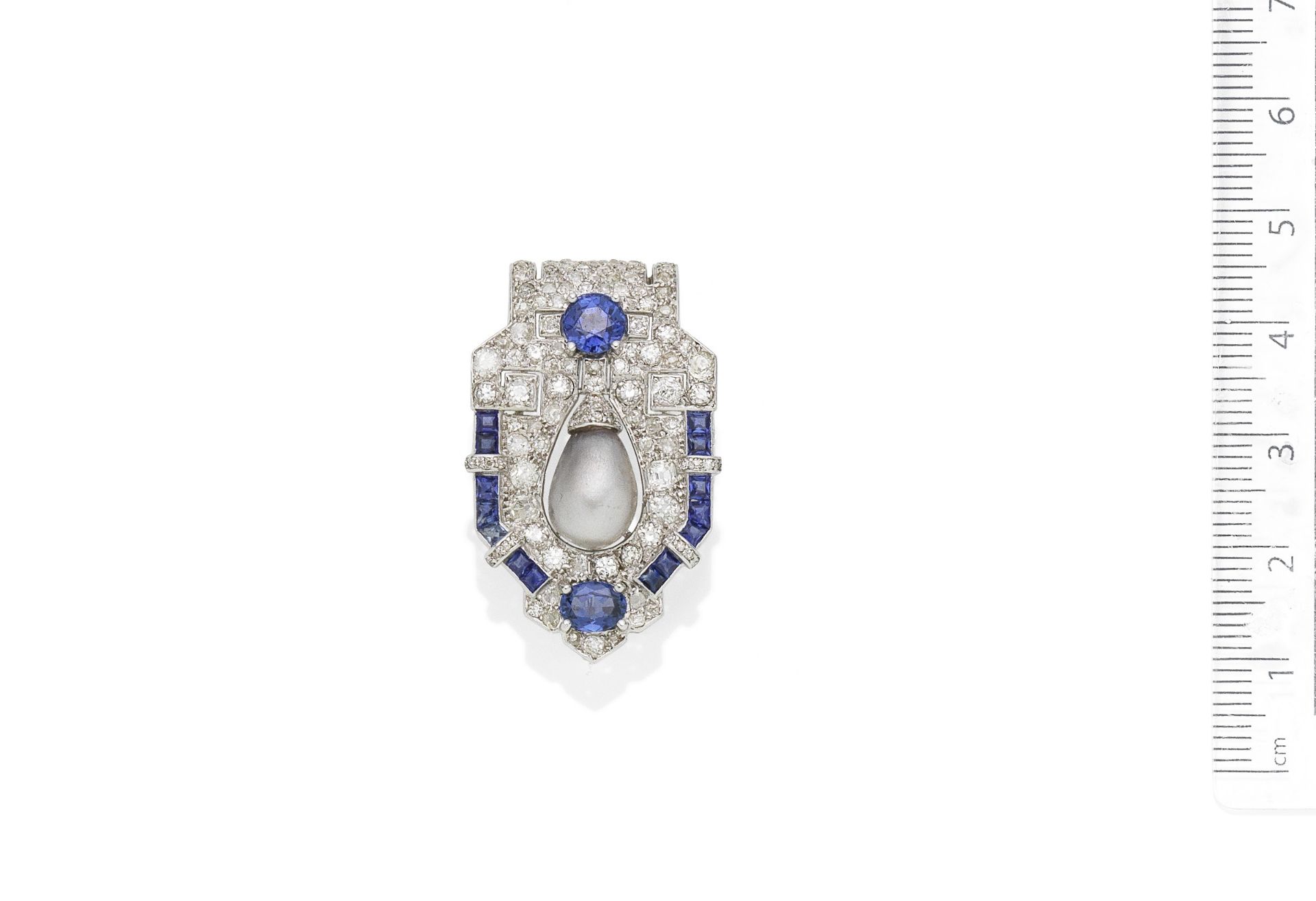 An Art Deco natural pearl, sapphire and diamond brooch, by Lacloches Freres,