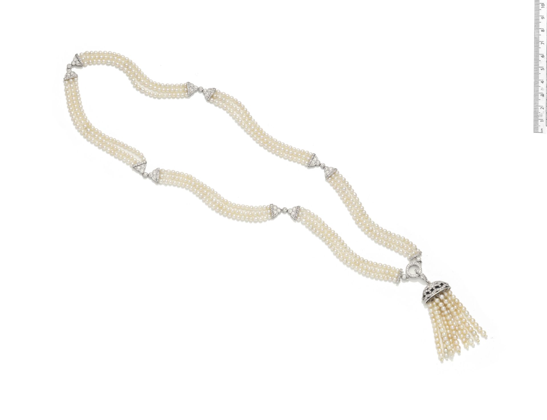 A natural pearl and diamond tassel necklace,