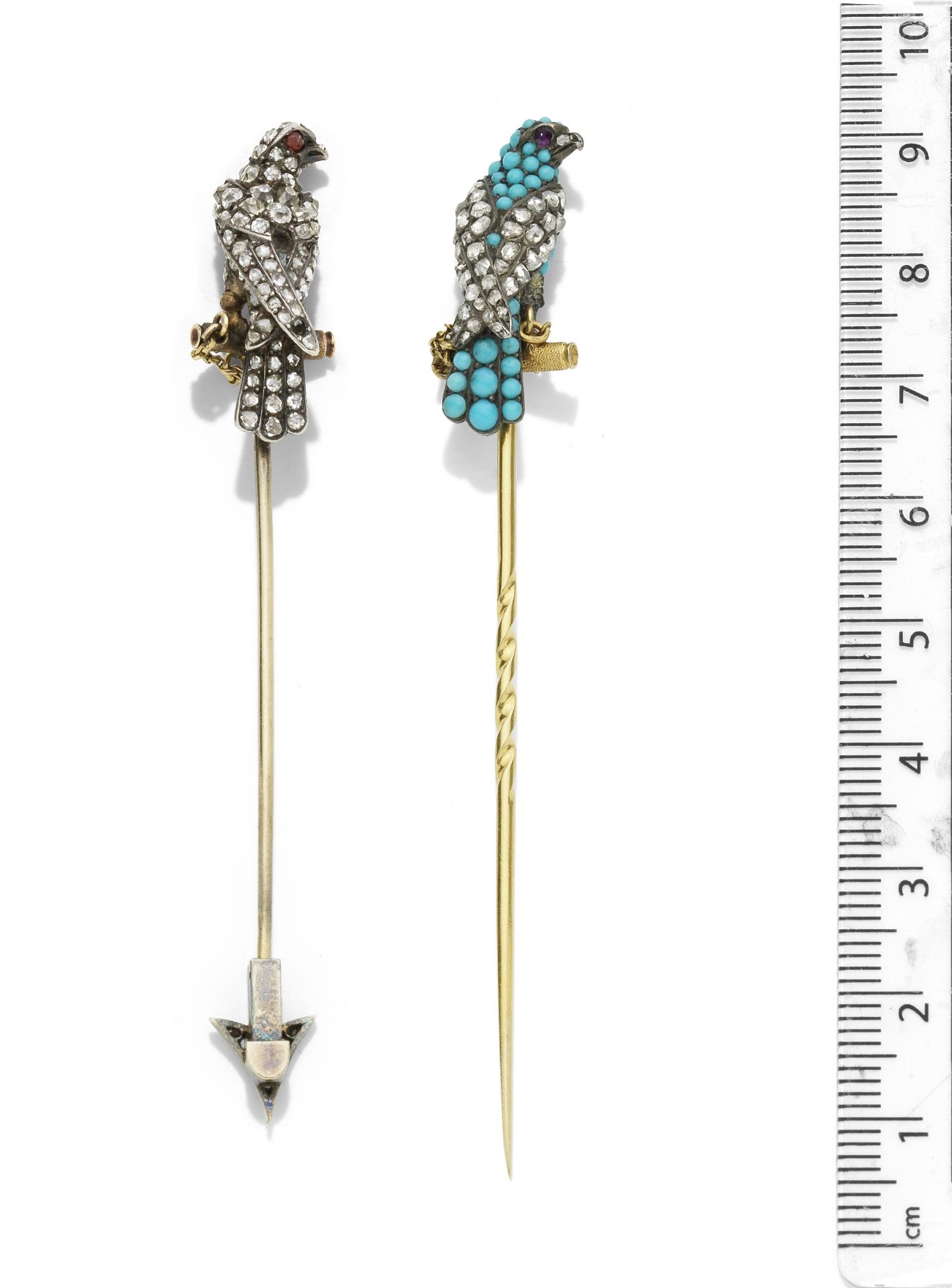 Two late 19th century gem-set falcon stickpins (2)