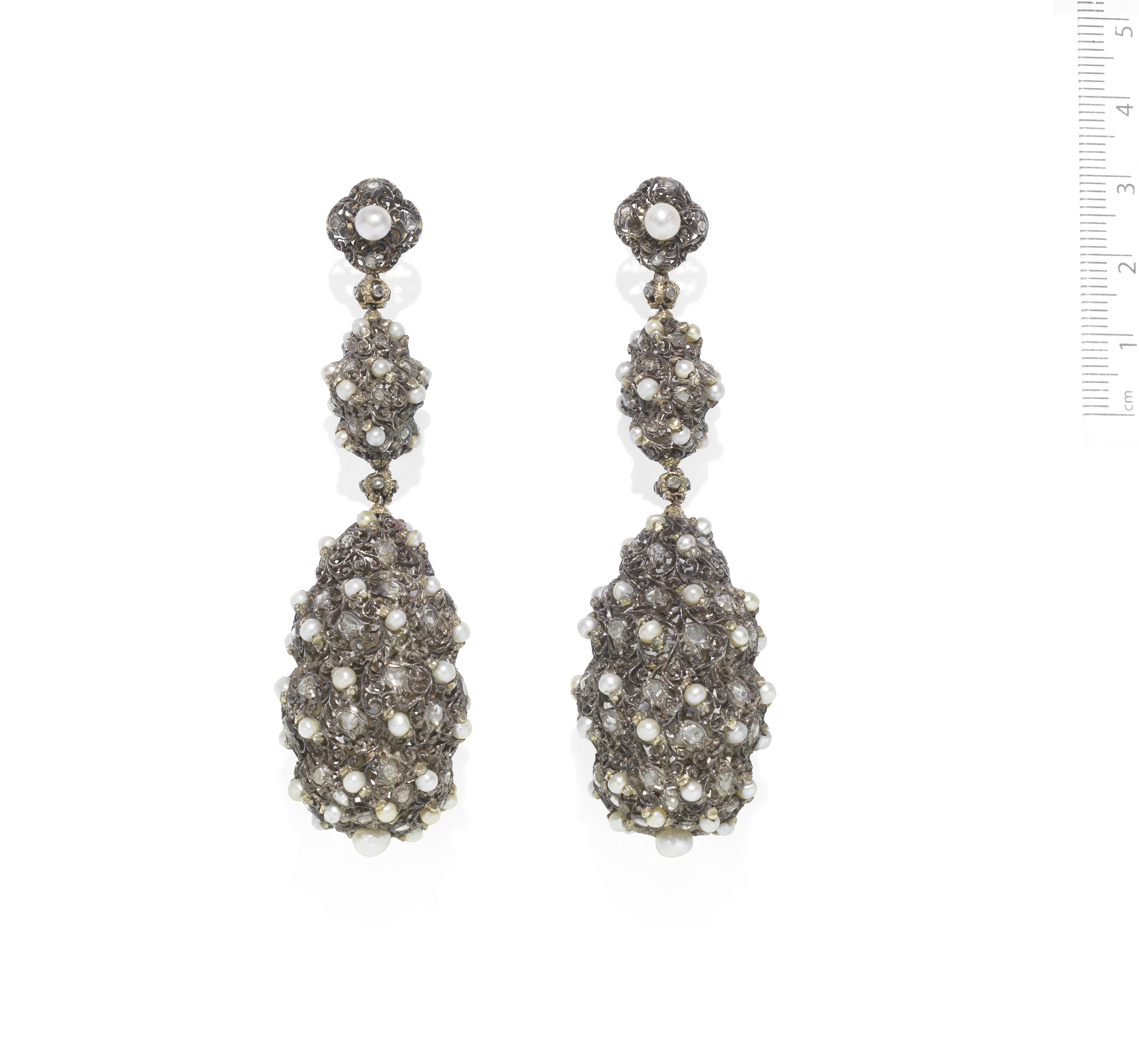 A pair of pearl and diamond pendent earrings, probably by Buccellati,