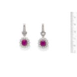 A pair of ruby and diamond pendent earrings