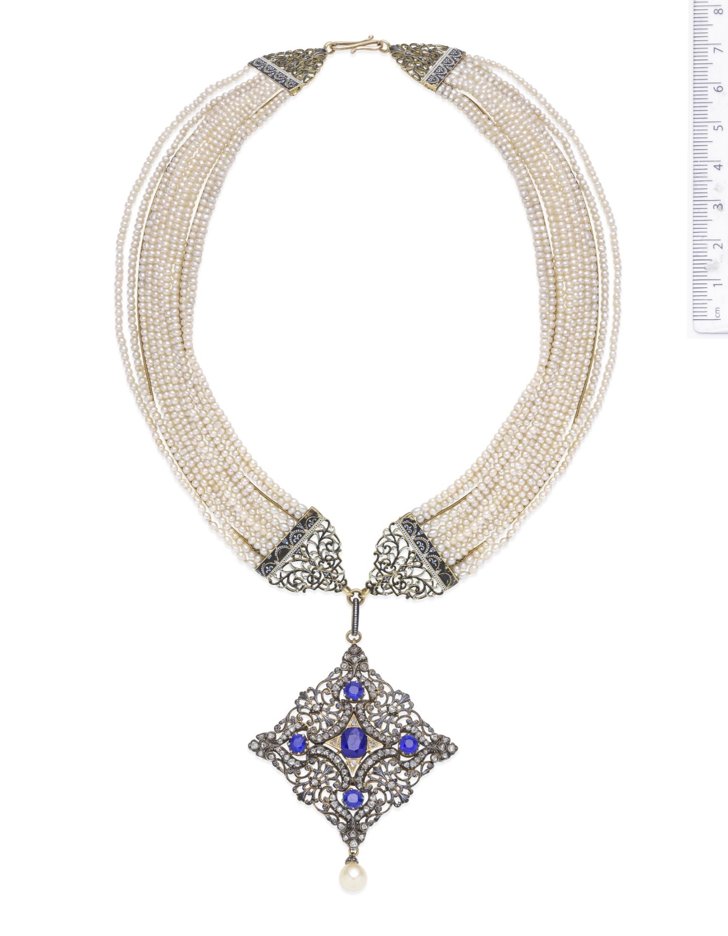 A seed pearl, sapphire and enamel necklace, by Carlo Giuliano,