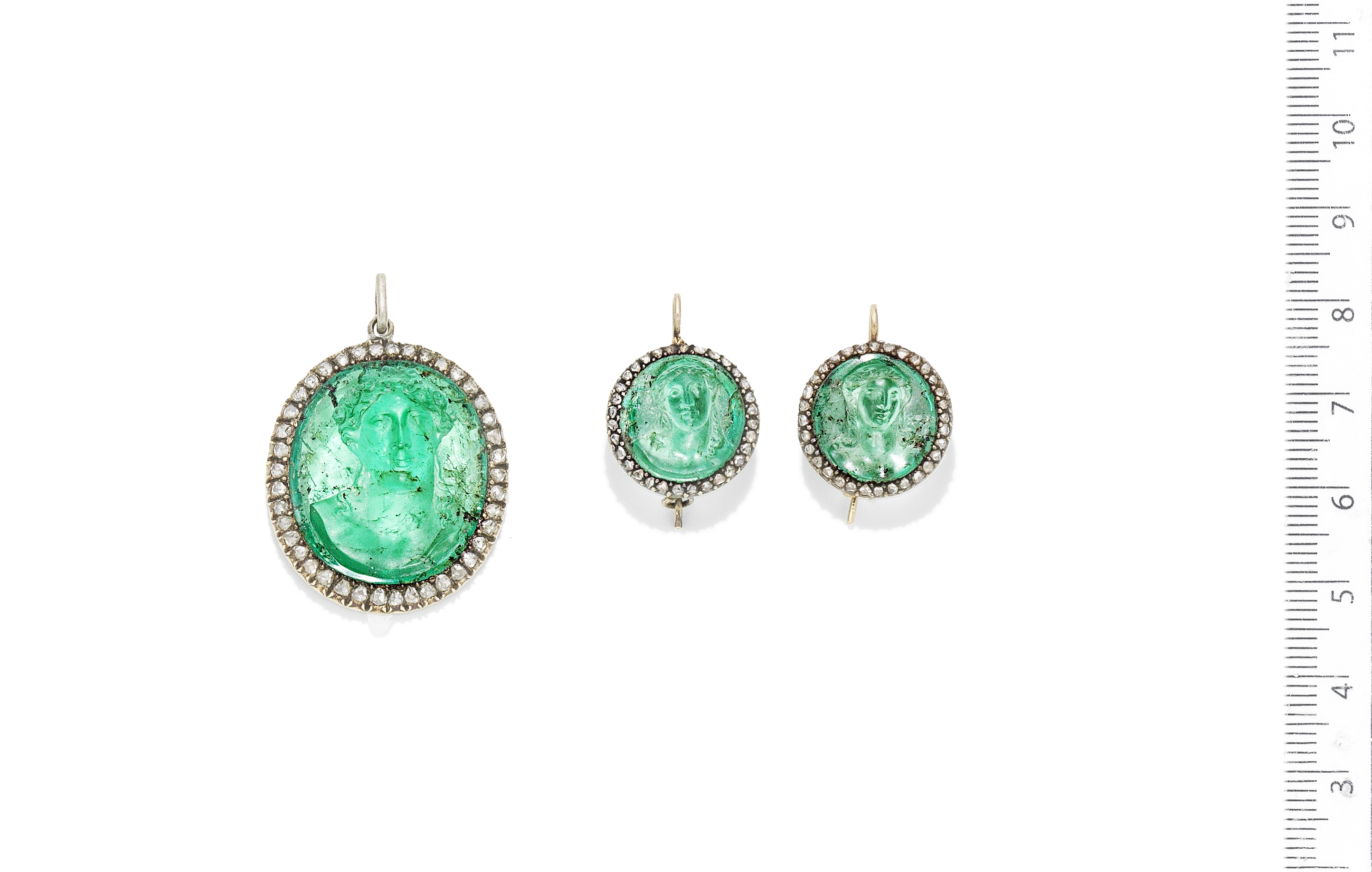 An emerald cameo and diamond pendant and pair of earrings, - Image 2 of 2