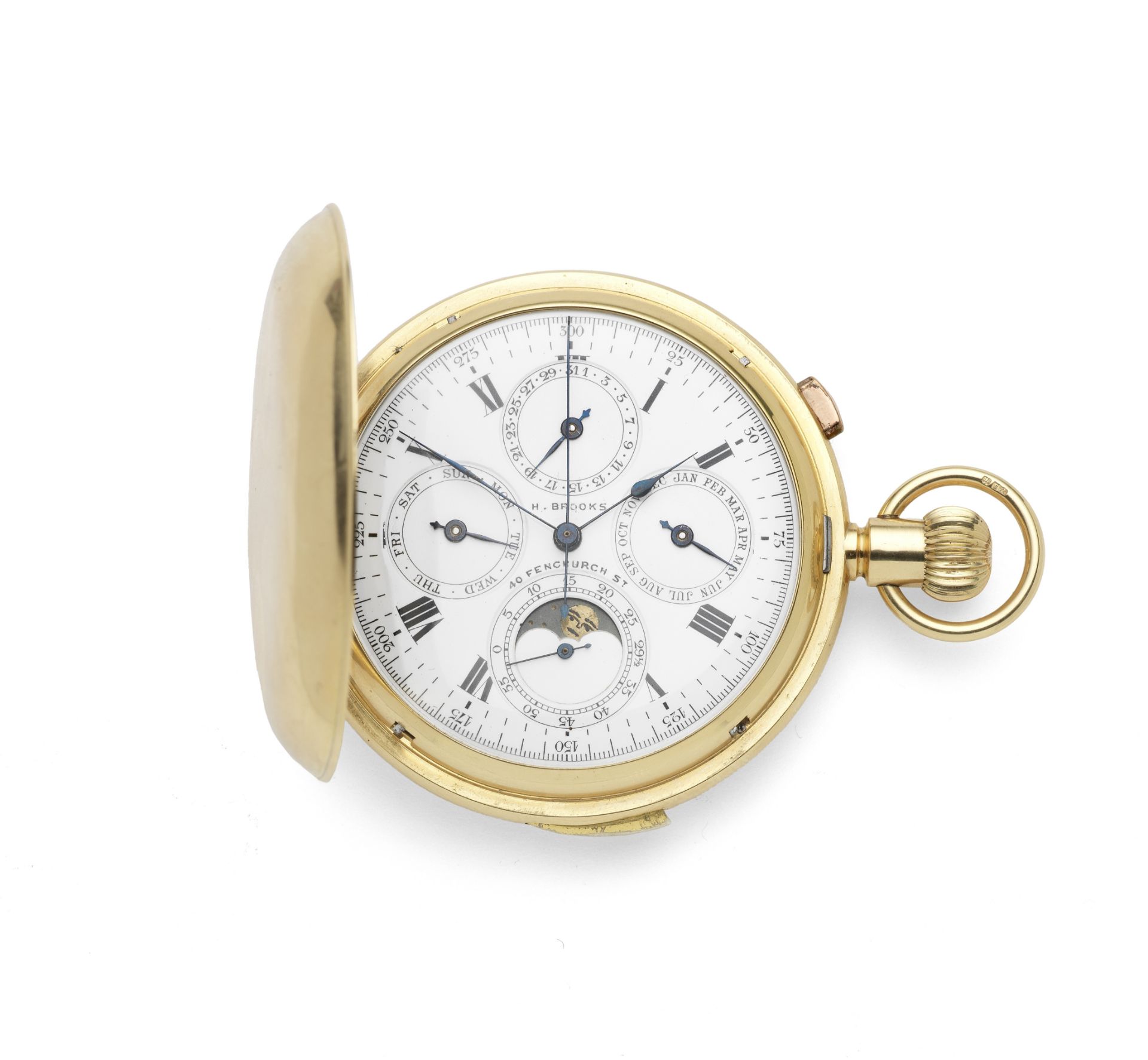 H. Brooks, 40 Fenchurch Street. An 18K gold keyless wind triple calendar quarter repeating chrono...