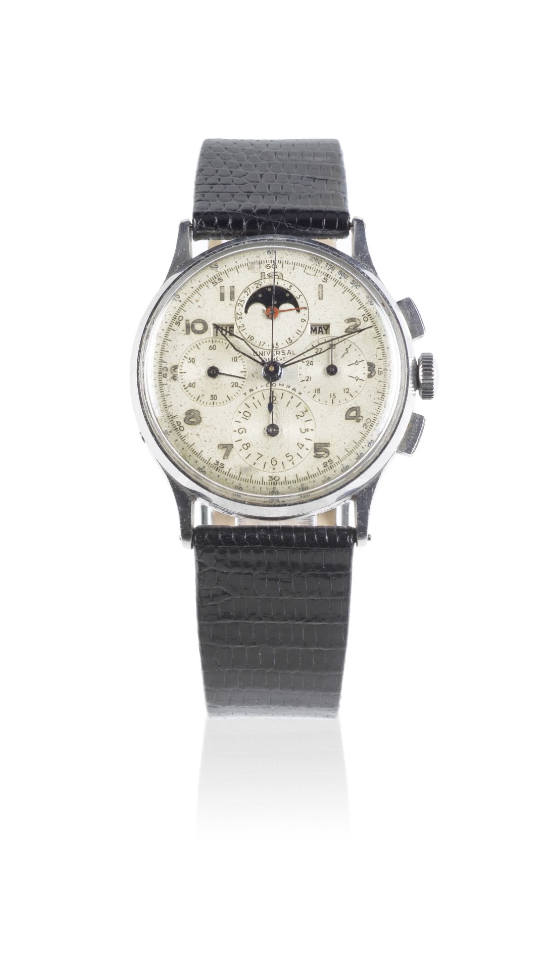 Universal Genève. A stainless steel manual wind triple calendar chronograph wristwatch with moon ...