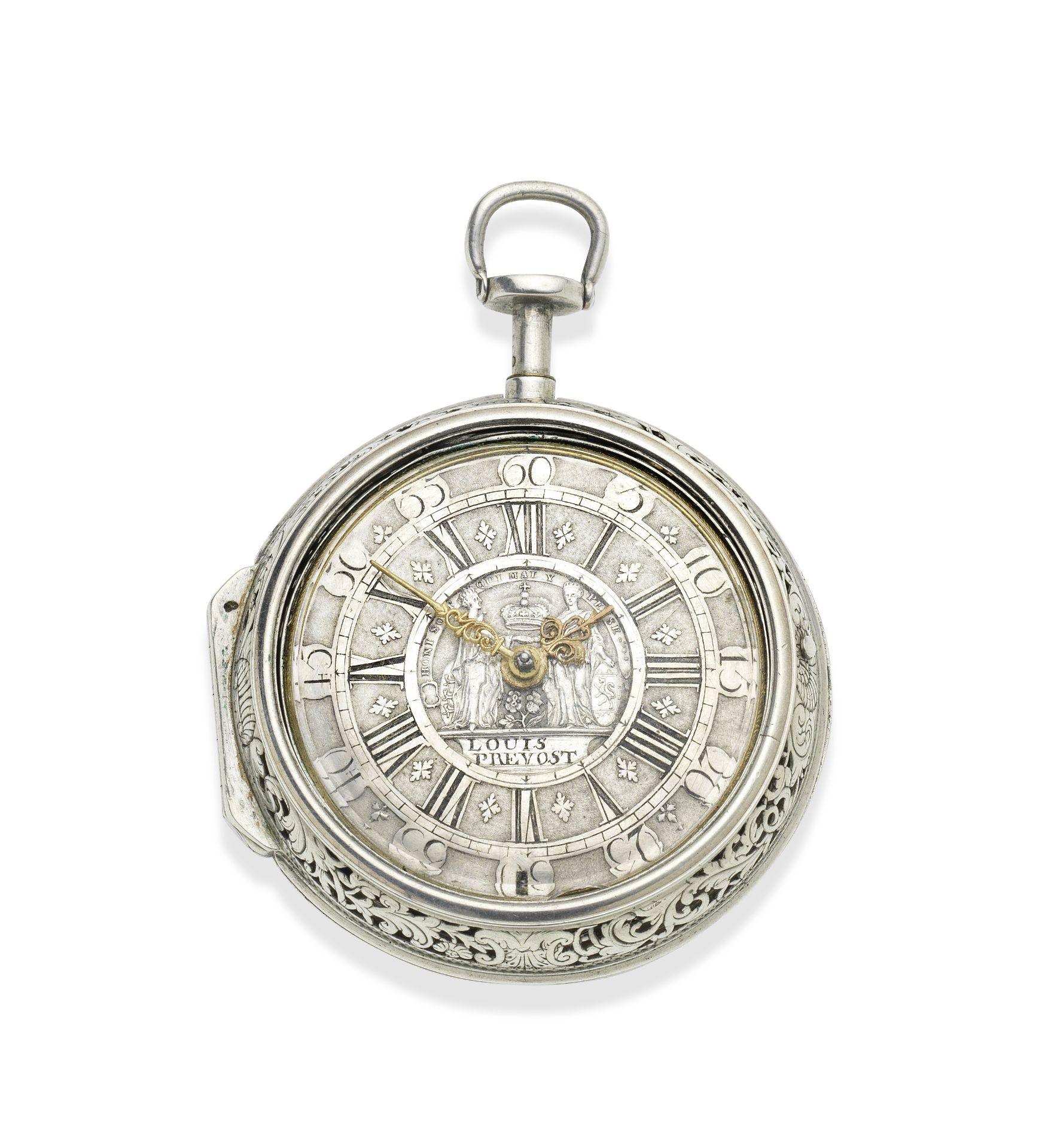 Louis Prevost. A silver key wind pair case quarter repeating pocket watch with centrepiece commem...