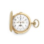 An 18K gold keyless wind quarter repeating calendar chronograph full hunter pocket watch with moo...