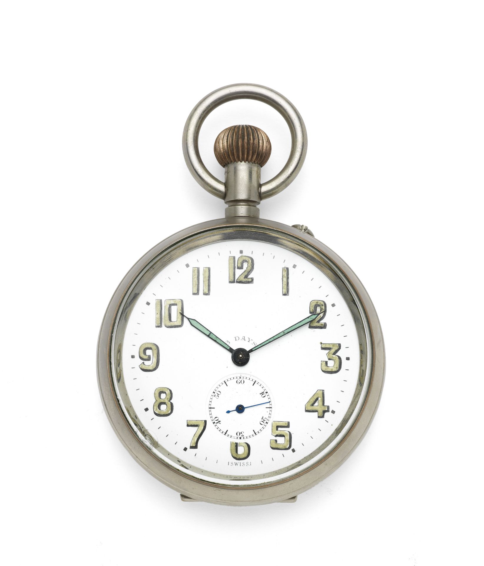 A base metal keyless wind open face quarter repeating 8 day 'goliath' pocket watch Circa 1910