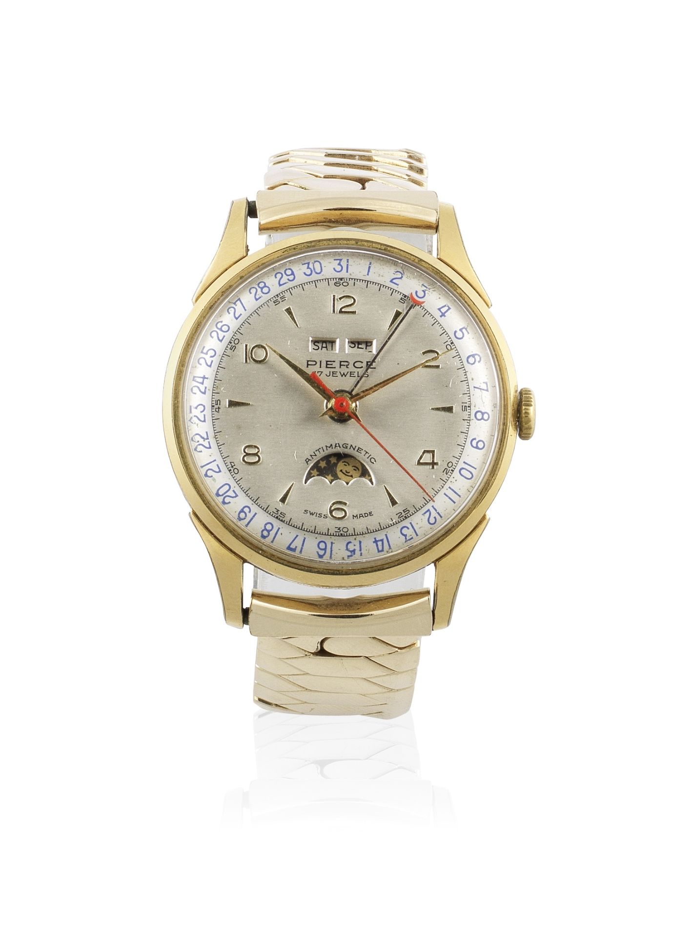 Pierce. A stainless steel and gold plated manual wind triple calendar wristwatch with moon phase ...