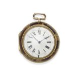 English. A gilt metal and under-painted horn keyless wind pair case clock watch Circa 1730, outer...