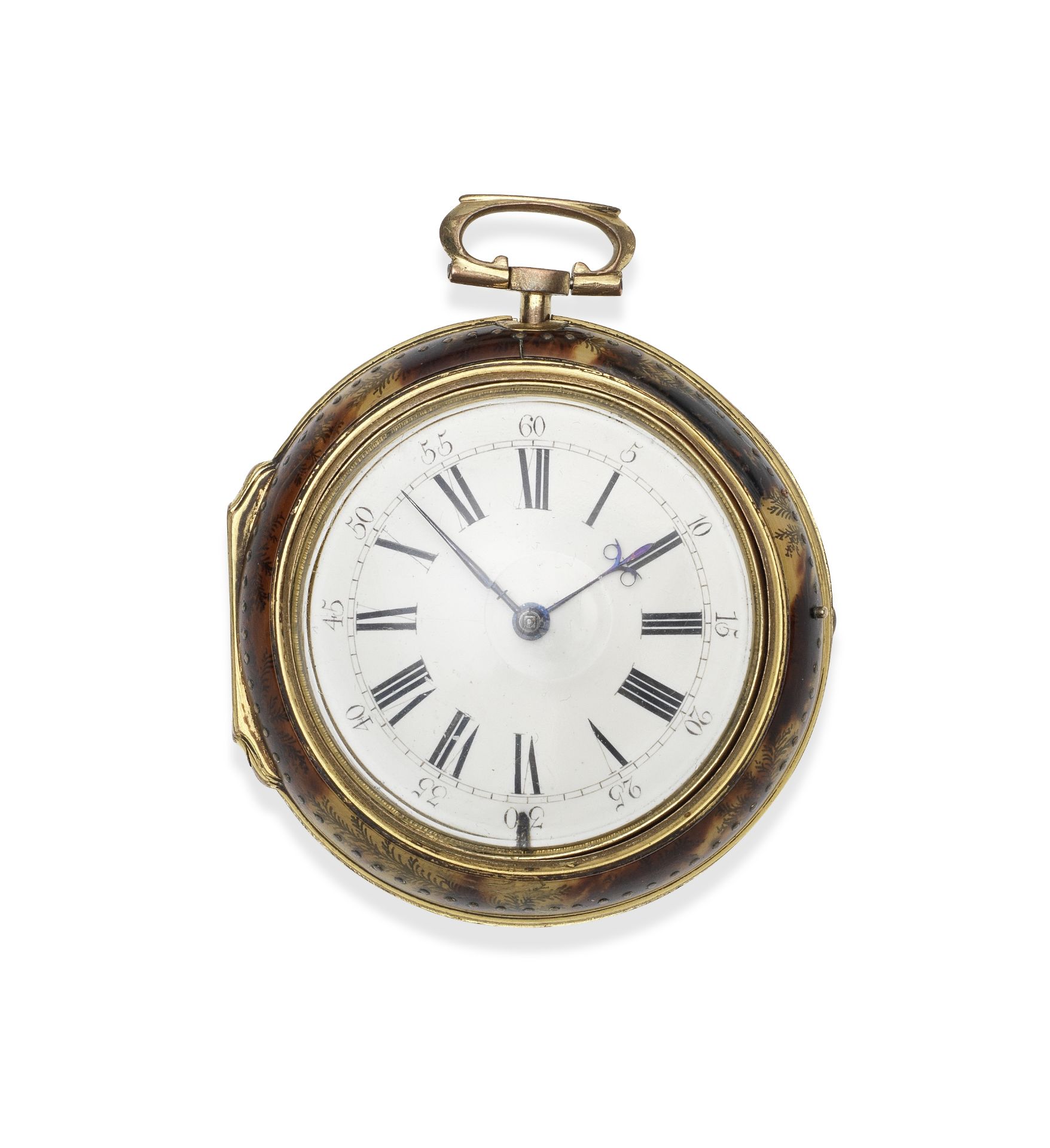 English. A gilt metal and under-painted horn keyless wind pair case clock watch Circa 1730, outer...