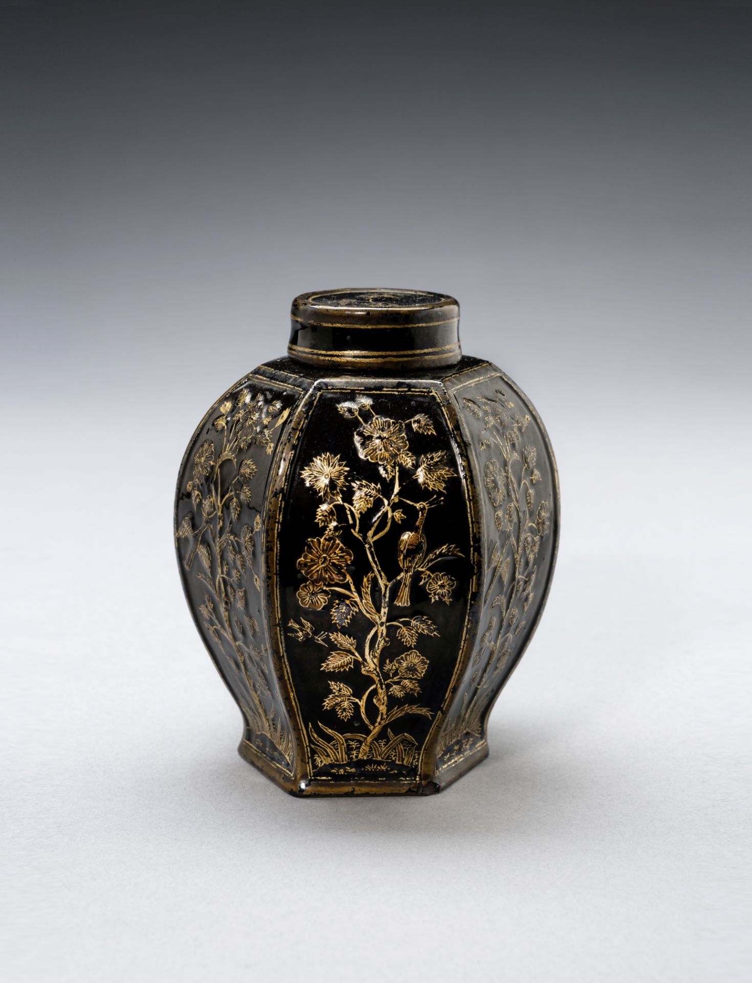 A very rare Meissen Böttger stoneware black-lacquered hexagonal tea canister and cover, circa 171...