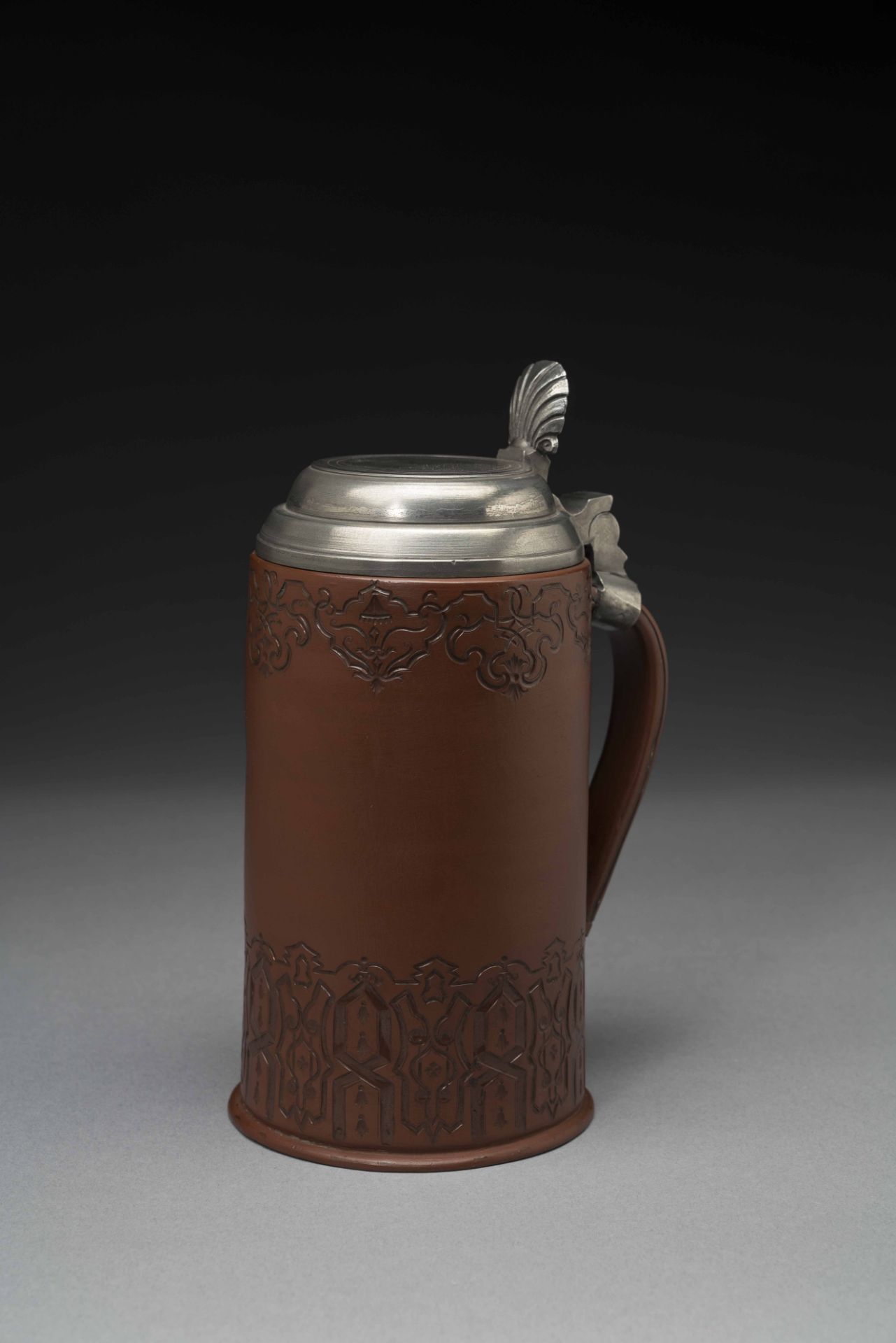 A Meissen Böttger stoneware pewter-mounted tankard, circa 1710-19