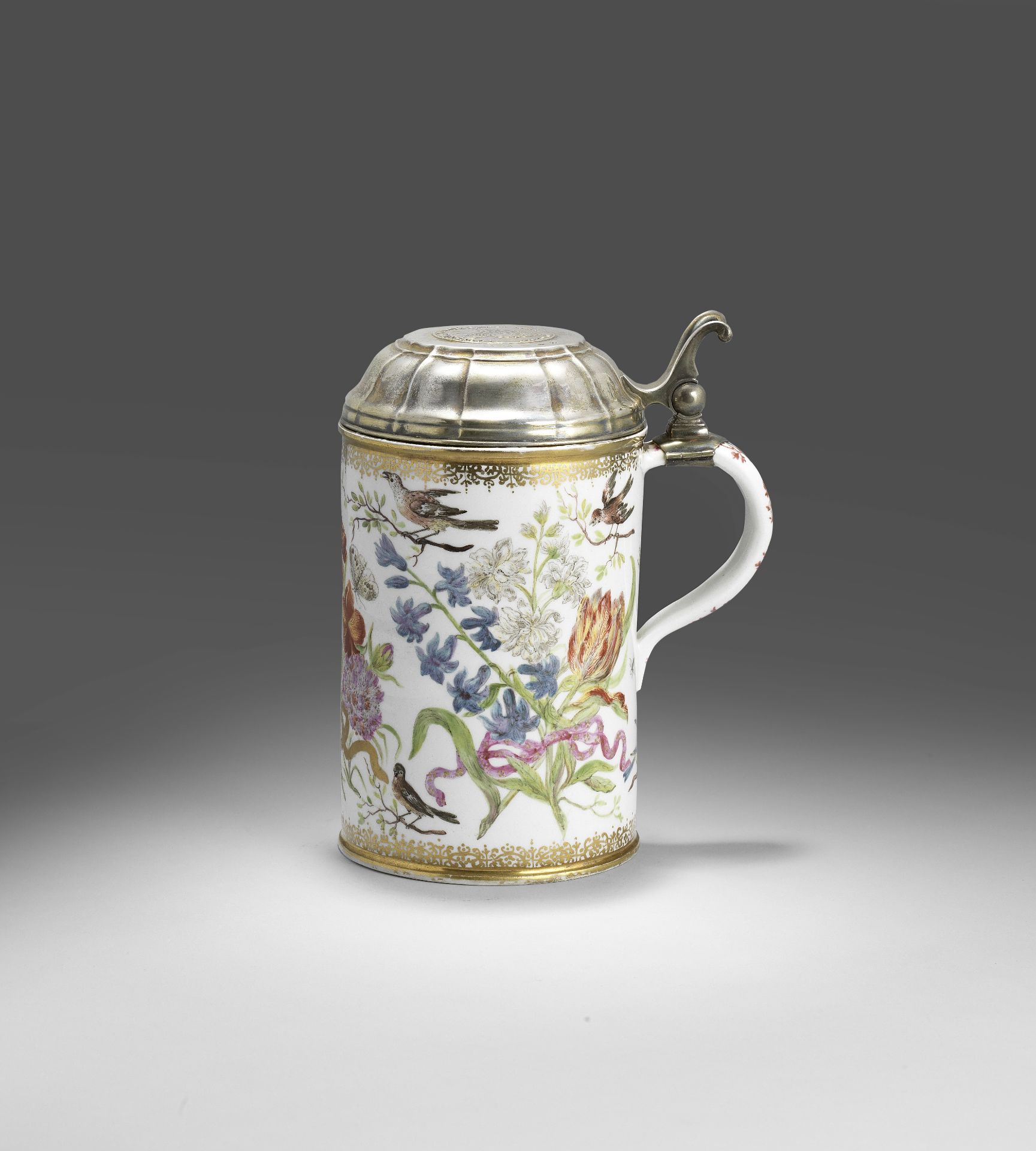 A Meissen Hausmaler silver-gilt-mounted tankard, circa 1725