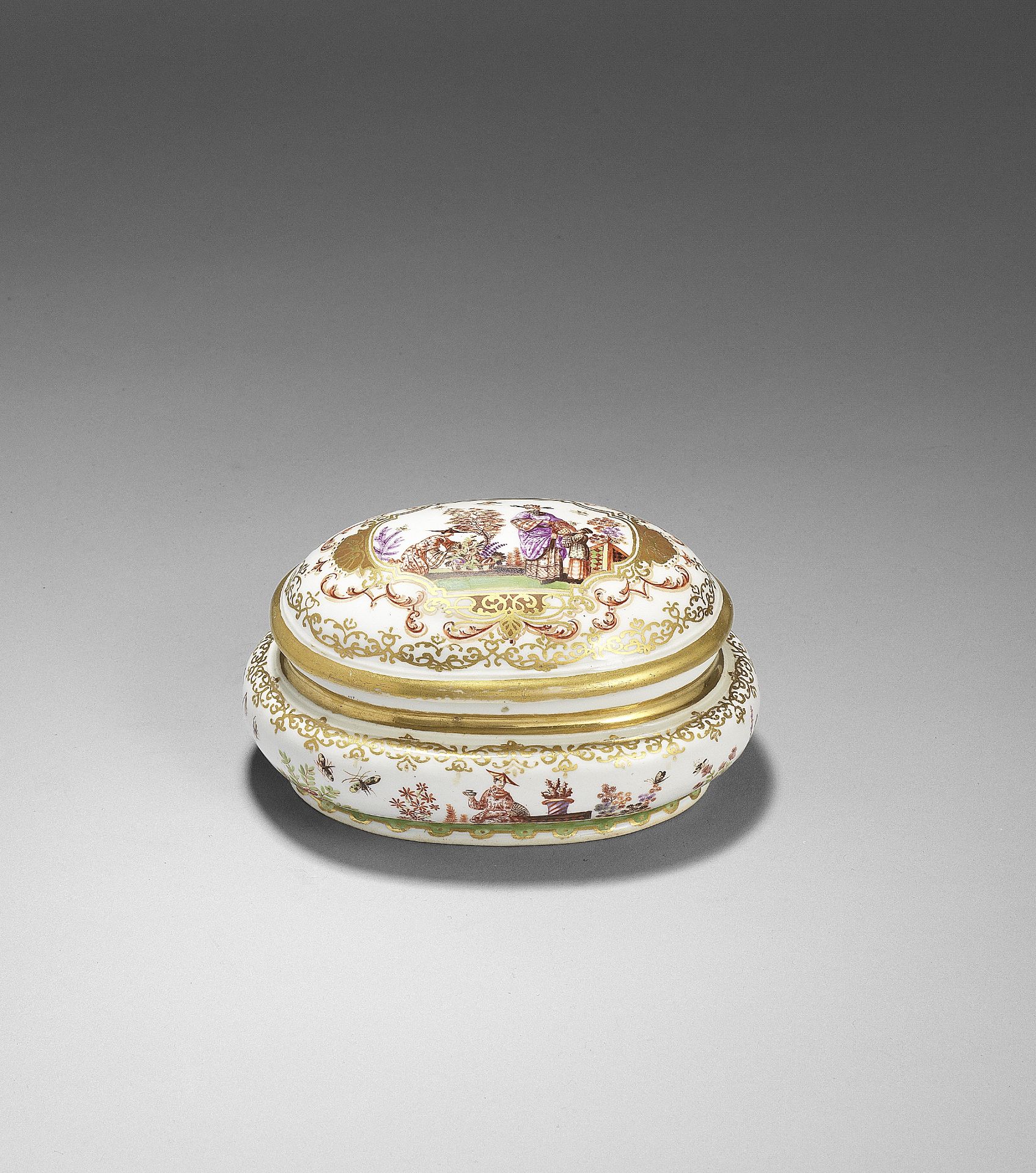 A Meissen oval sugar box and cover, circa 1725