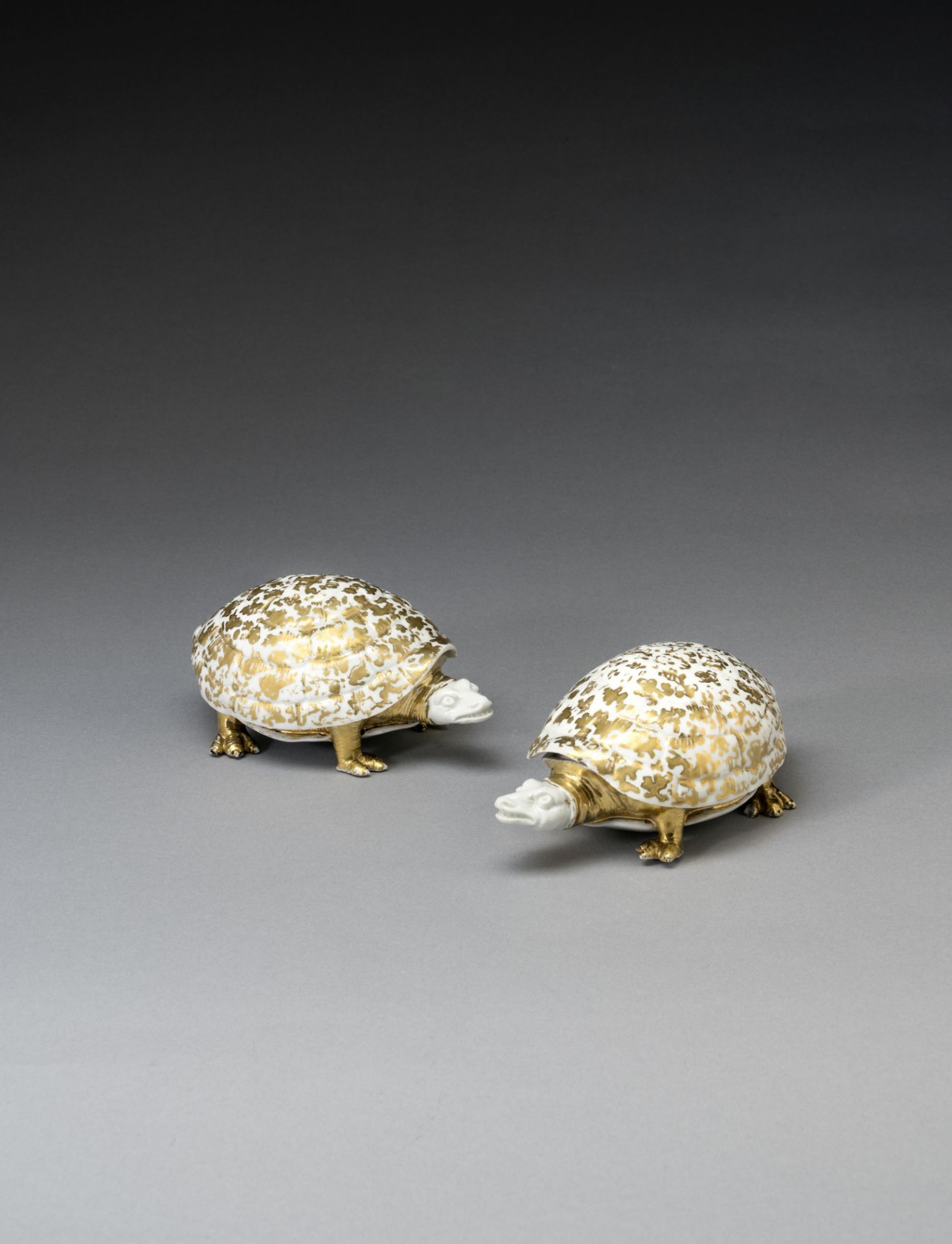 A very rare pair of Meissen tortoise-shaped boxes and covers, circa 1728