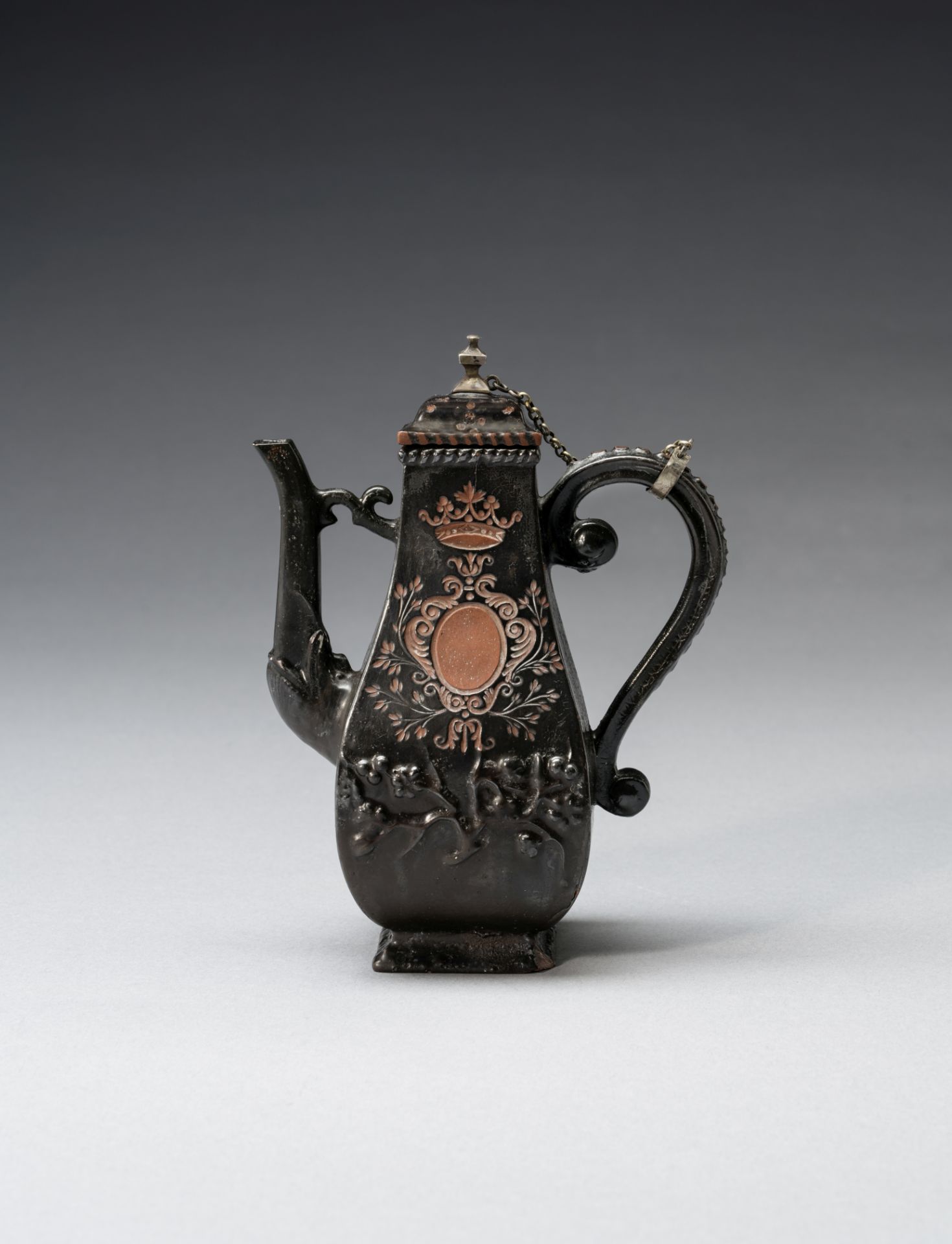 A Meissen Böttger stoneware black-glazed coffee pot and cover, circa 1710-19