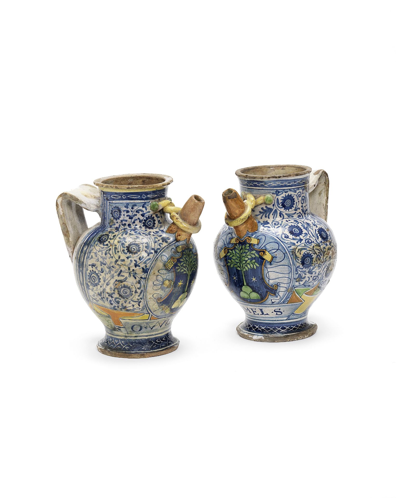 A Pair of Faenza maiolica armorial wet drug jars, circa 1525