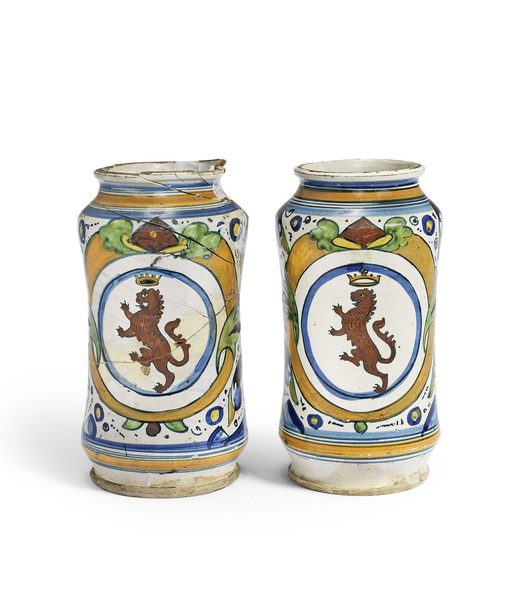 A Pair of Montelupo maiolica Armorial Albarelli, circa 1520