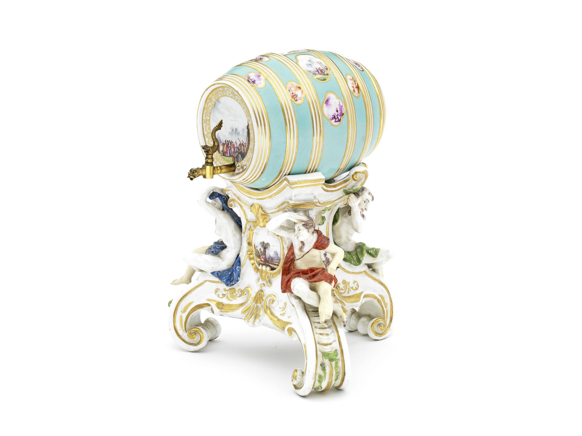 A rare Meissen turquoise-ground barrel on a figural stand, circa 1735-40