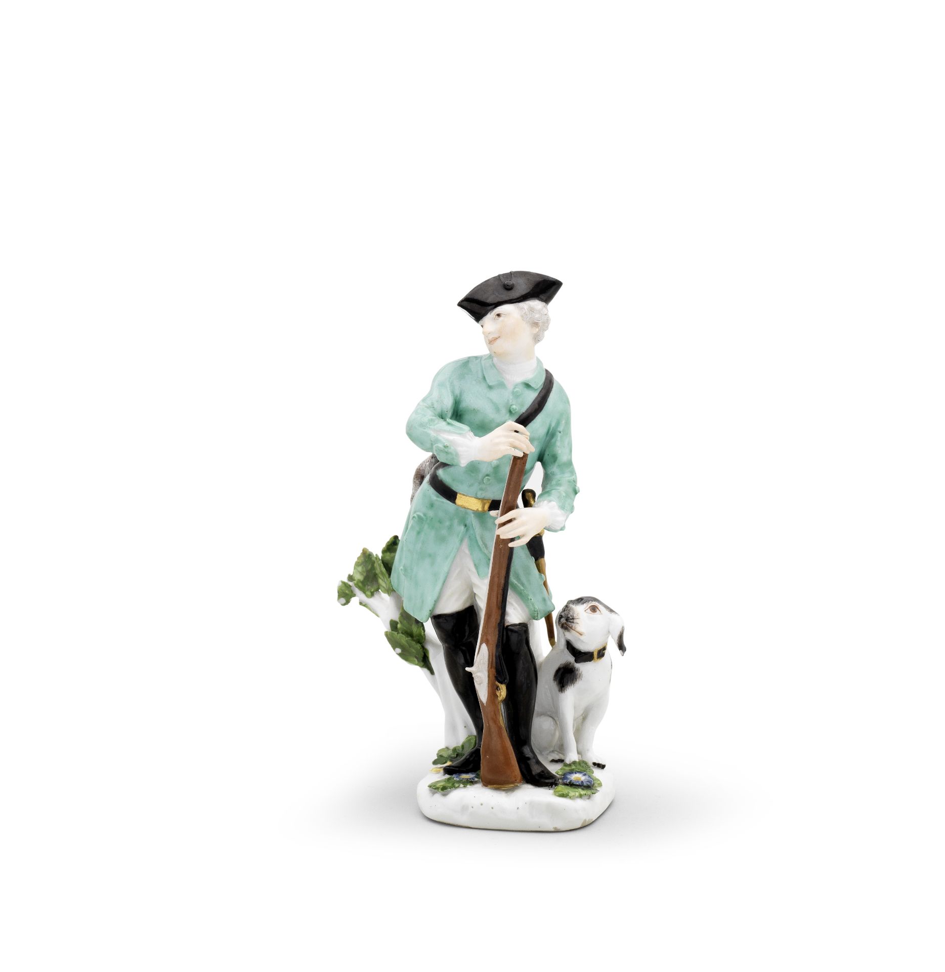 A Meissen figure of a hunter with a dog, mid 18th century