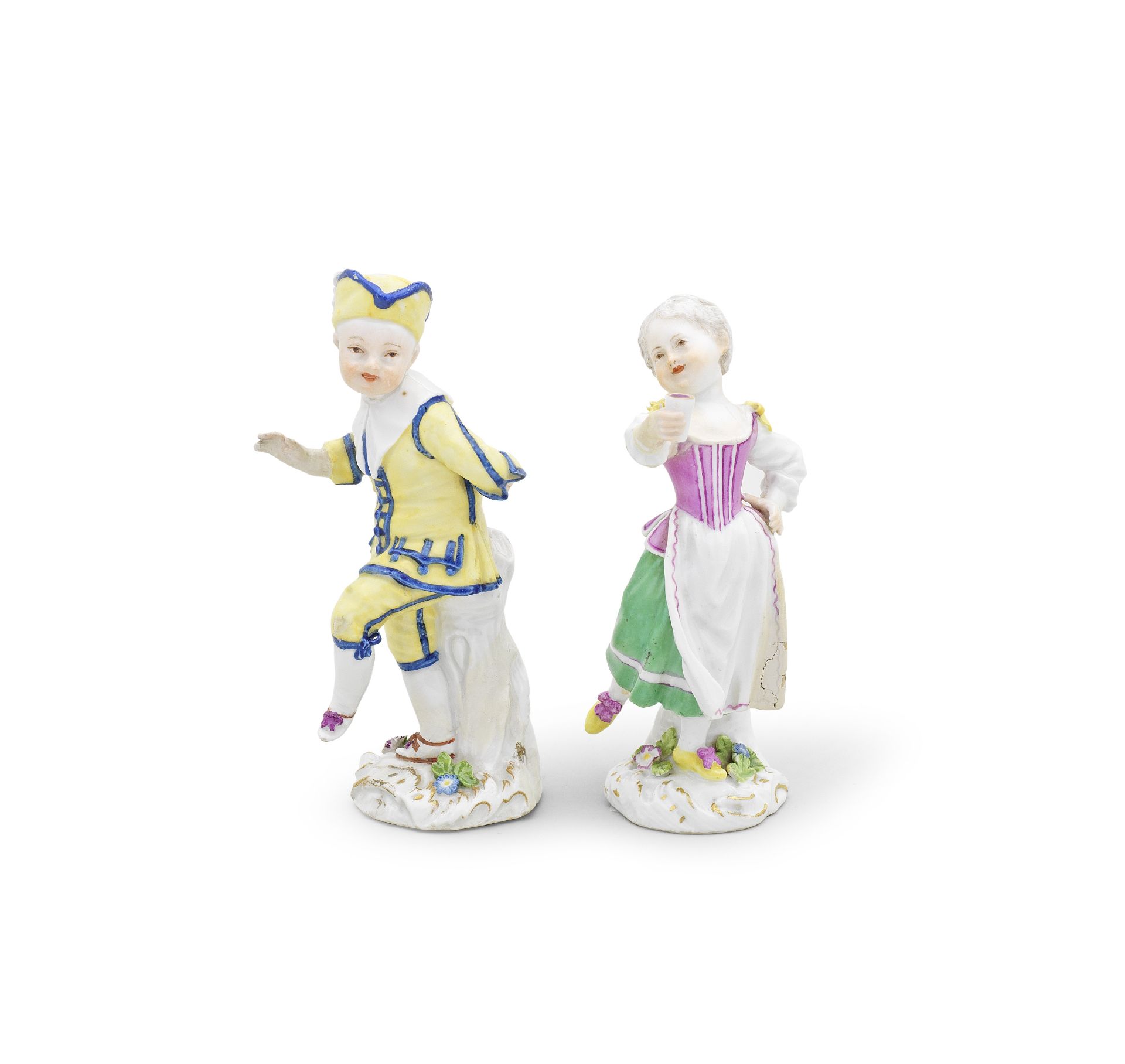 A Meissen figure of a boy from the Commedia dell'Arte, together with a Meissen girl holding a gob...