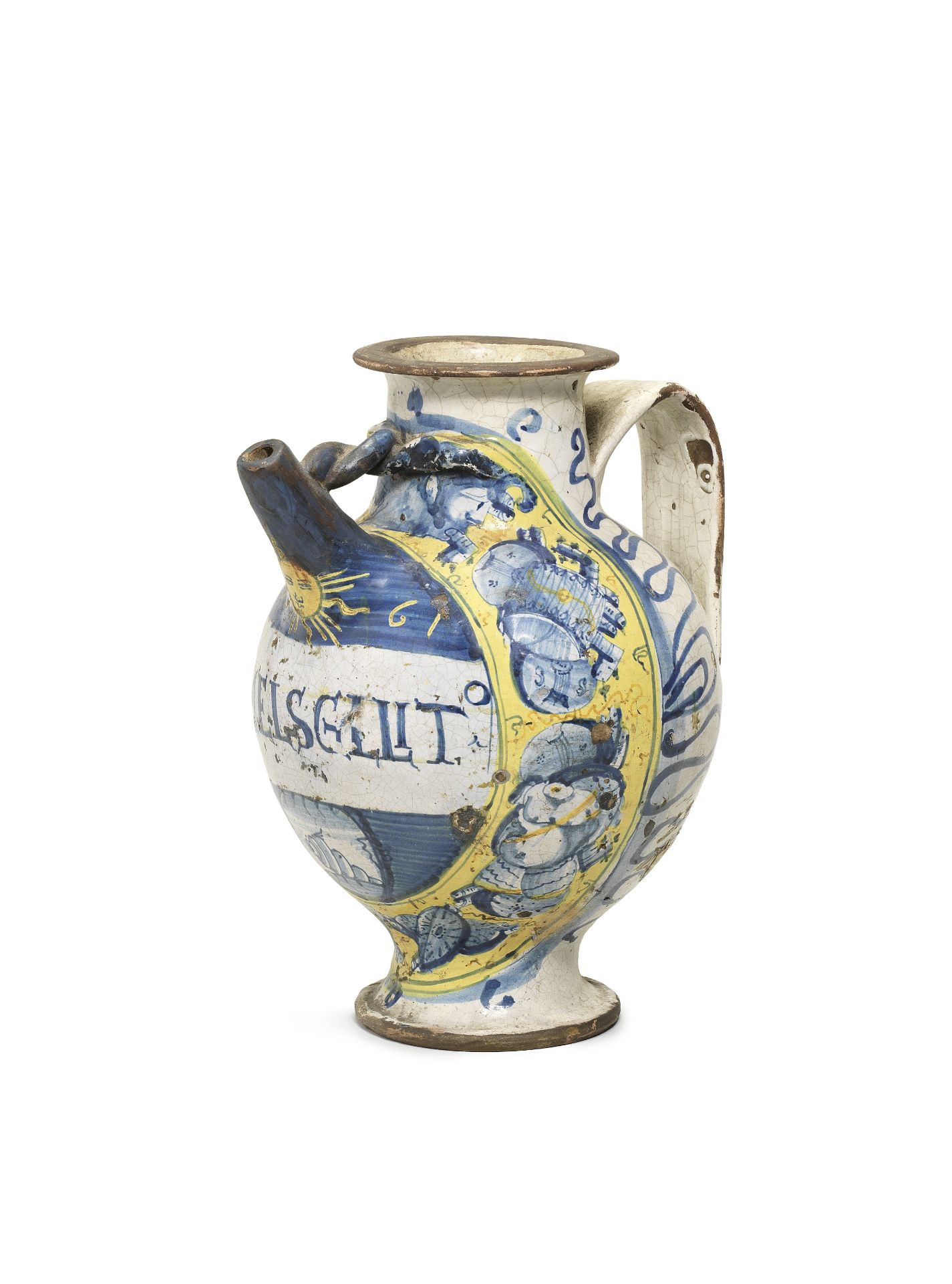 A Castel Durante or Faenza maiolica wet drug jar, dated 1561