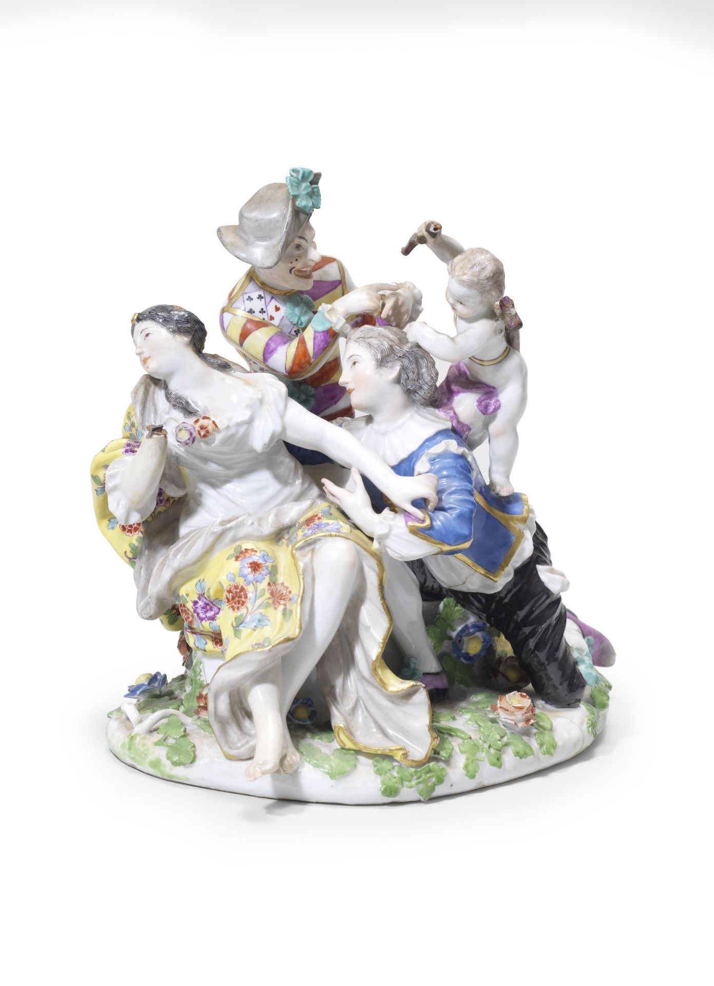 A Meissen group of 'The Ardent Lover', circa 1745, later decorated