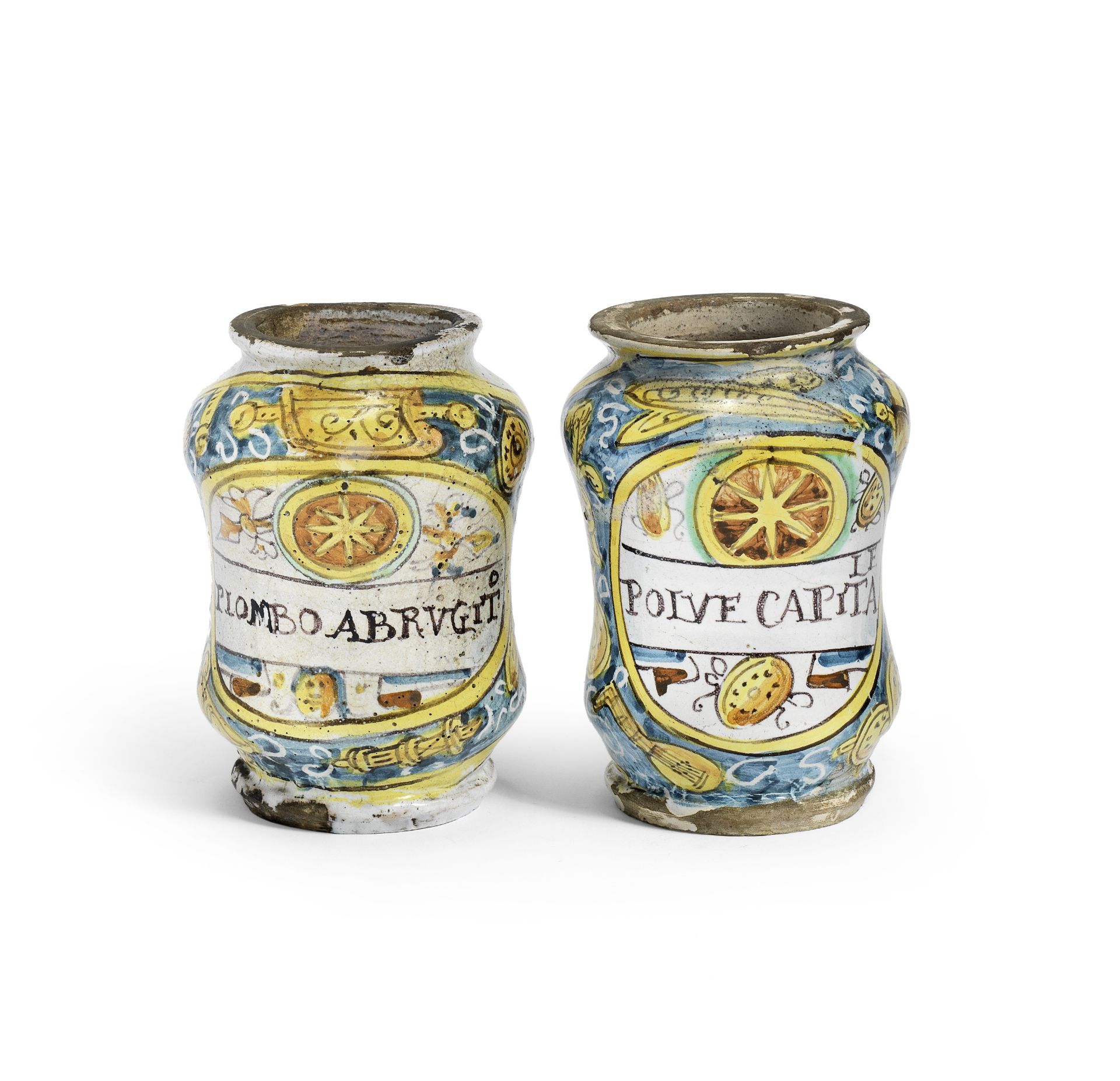 A pair of Italian maiolica small albarelli, possibly Deruta, dated 1620