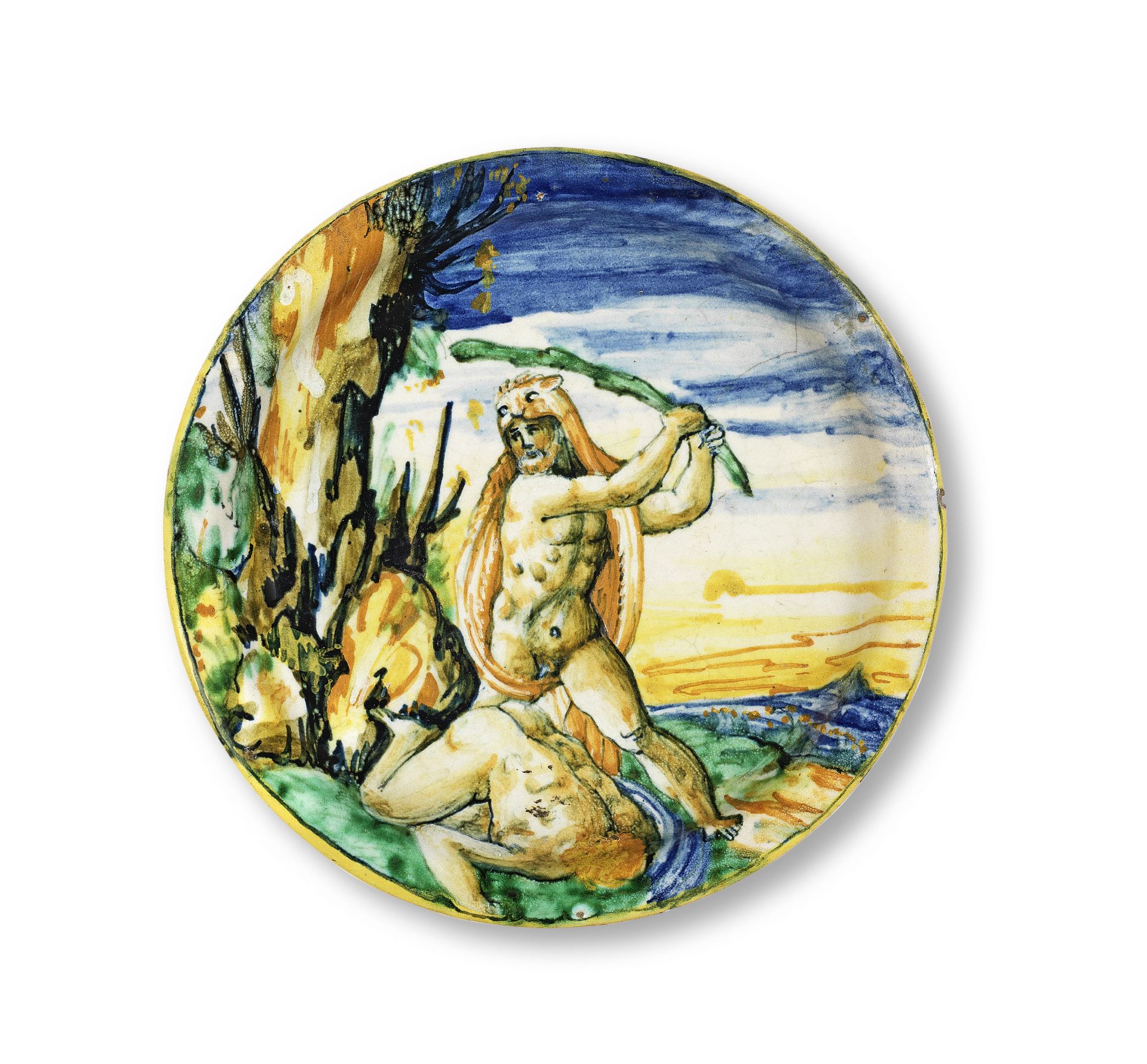 [ref. 367964/36] A maiolica istoriato charger depicting Hercules, 16th Century, Diam. cm 22