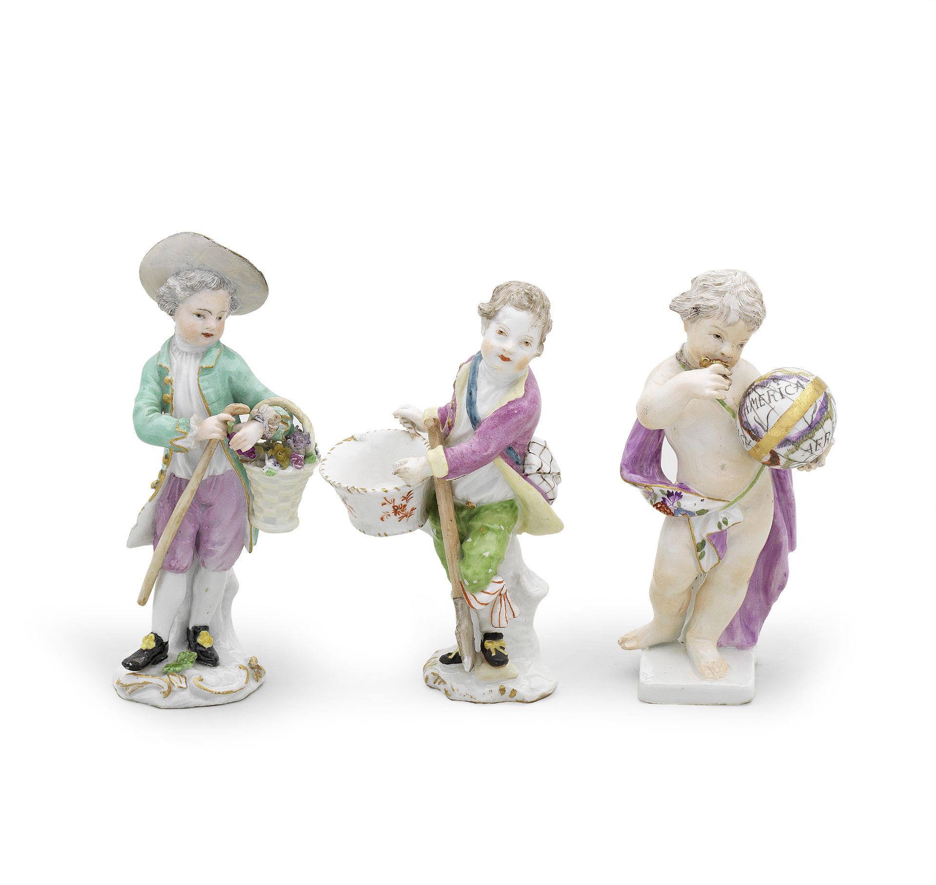 A Meissen figure of a putto holding a globe, circa 1755; together with two Meissen figures of boy...