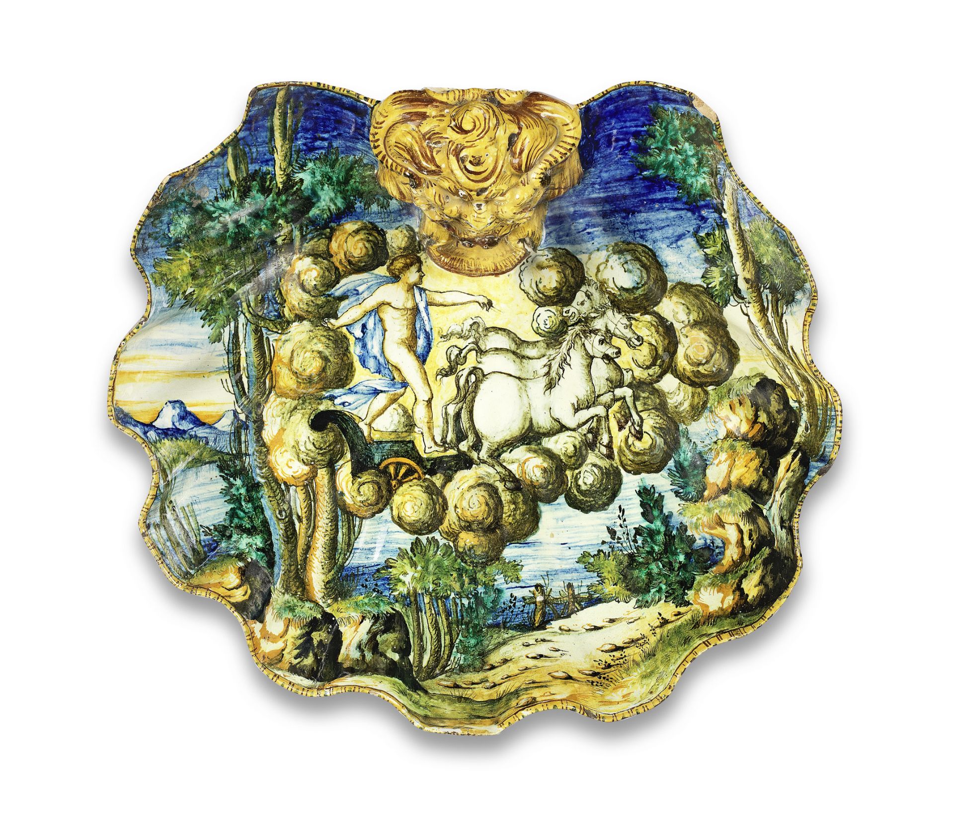 An Italian maiolica istoriato shell-moulded basin, 19th Century