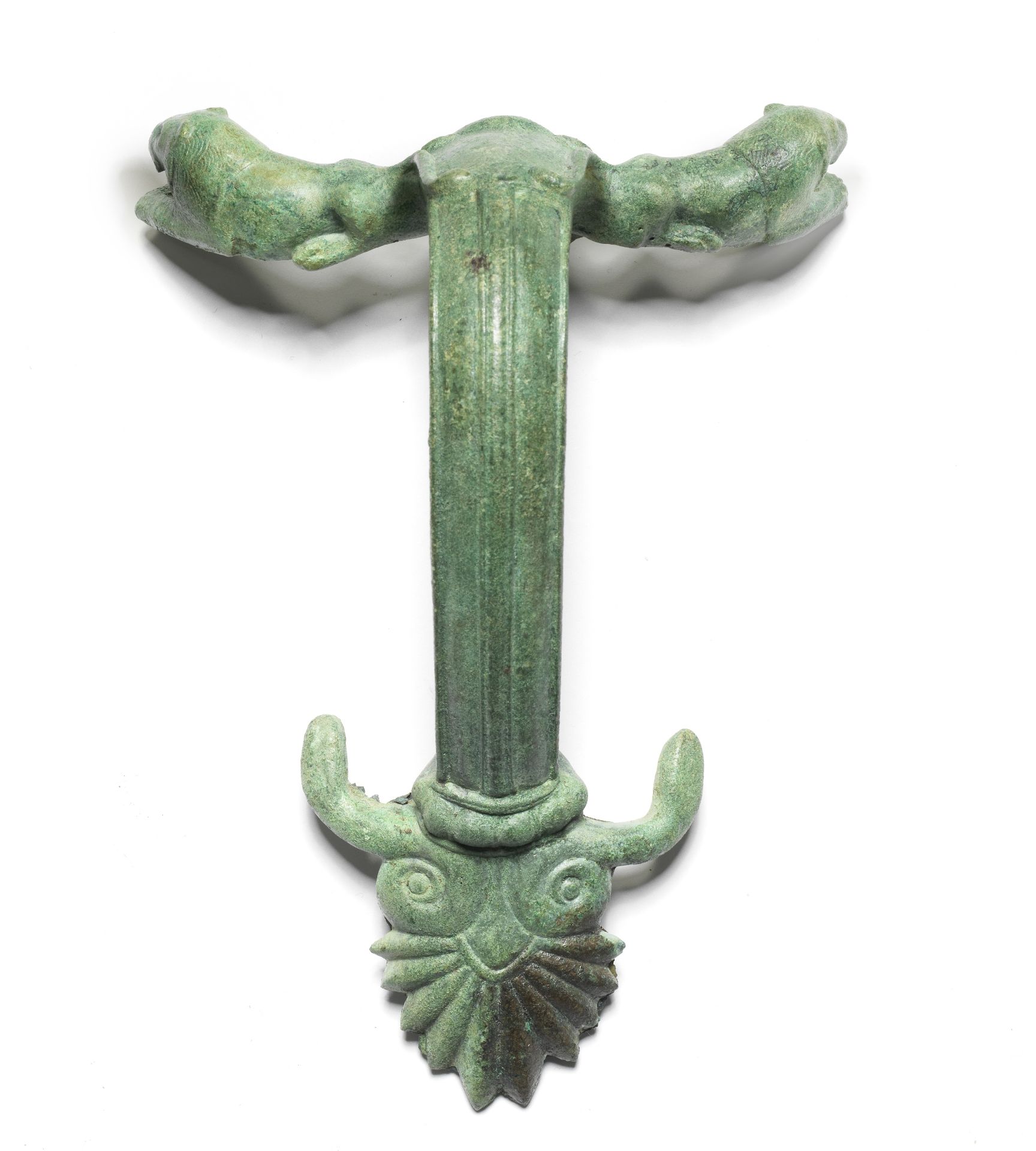 A Greek bronze oinochoe handle