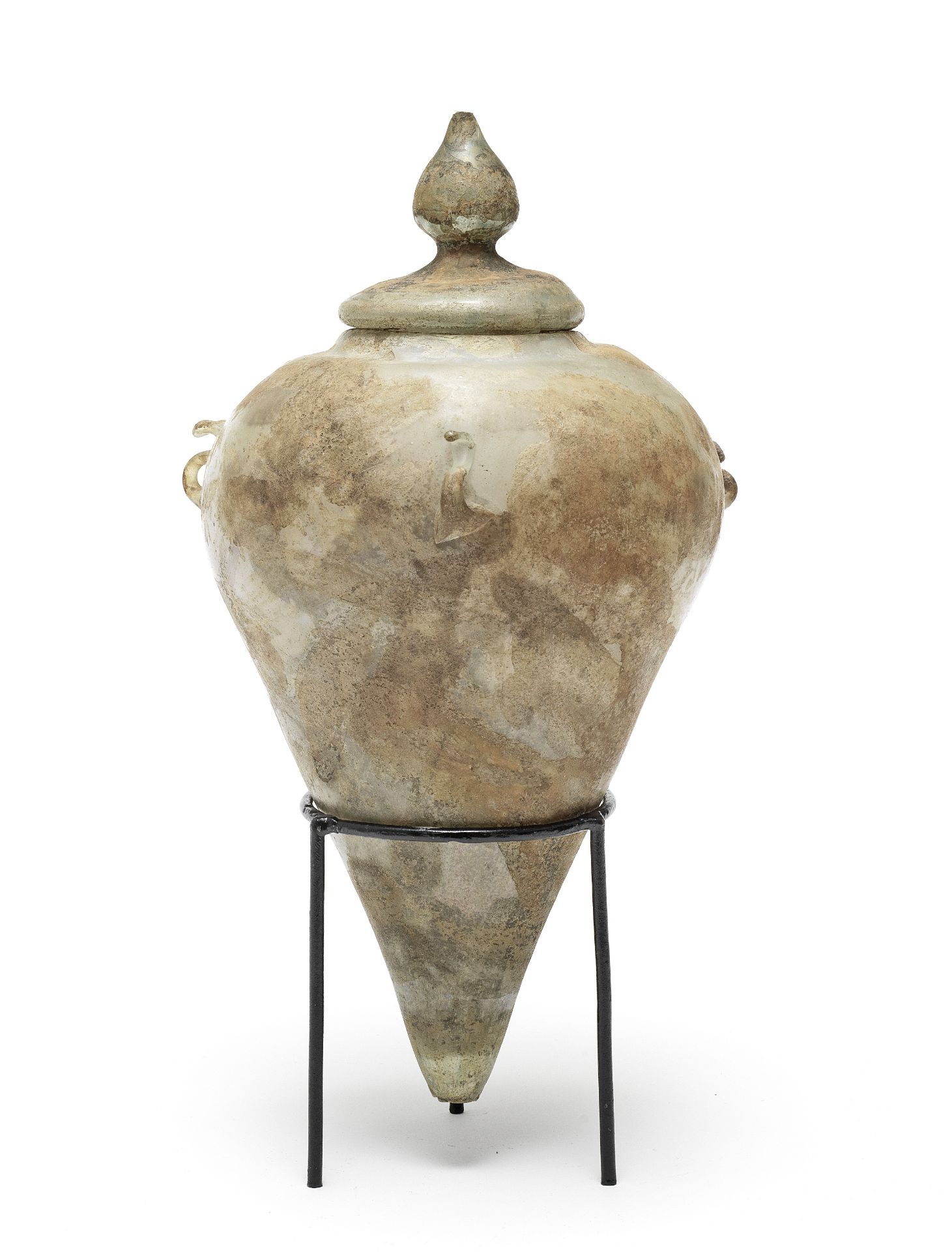 A Roman green glass lidded cinerary urn