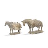 A painted grey pottery model of a donkey and a painted grey pottery model of a pack horse Norther...