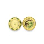 A pair of yellow, aubergine and green enamelled dishes Guangxu six-character marks and probably o...